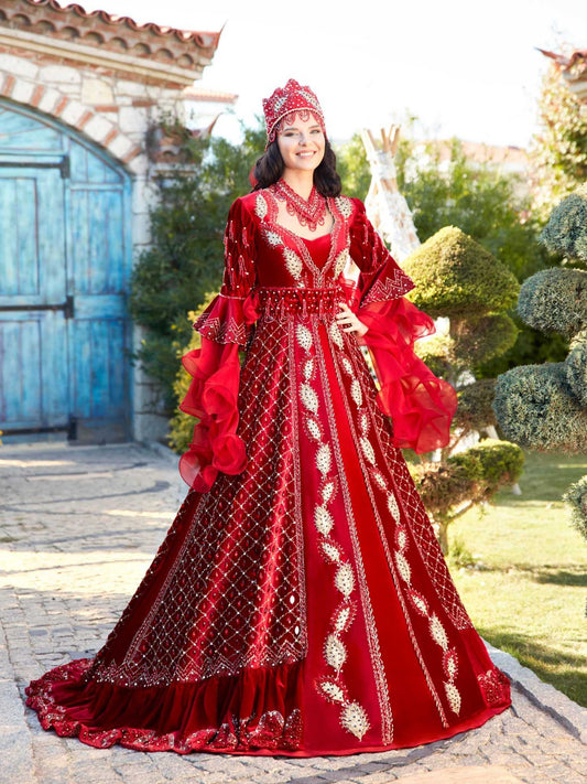 buy Beautiful Heavily gold lace applique Embroidered Red Velvet Long Sleeve Maxi Wedding Gown Dress online henna gowns shop