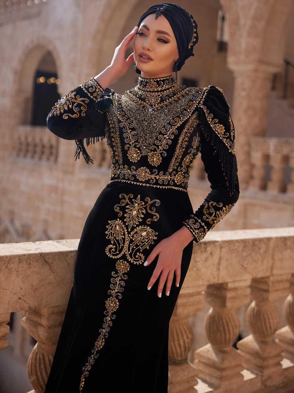 Buy elegant and classic turtle neck gold sequins hijab mermaid dress for henna party online 