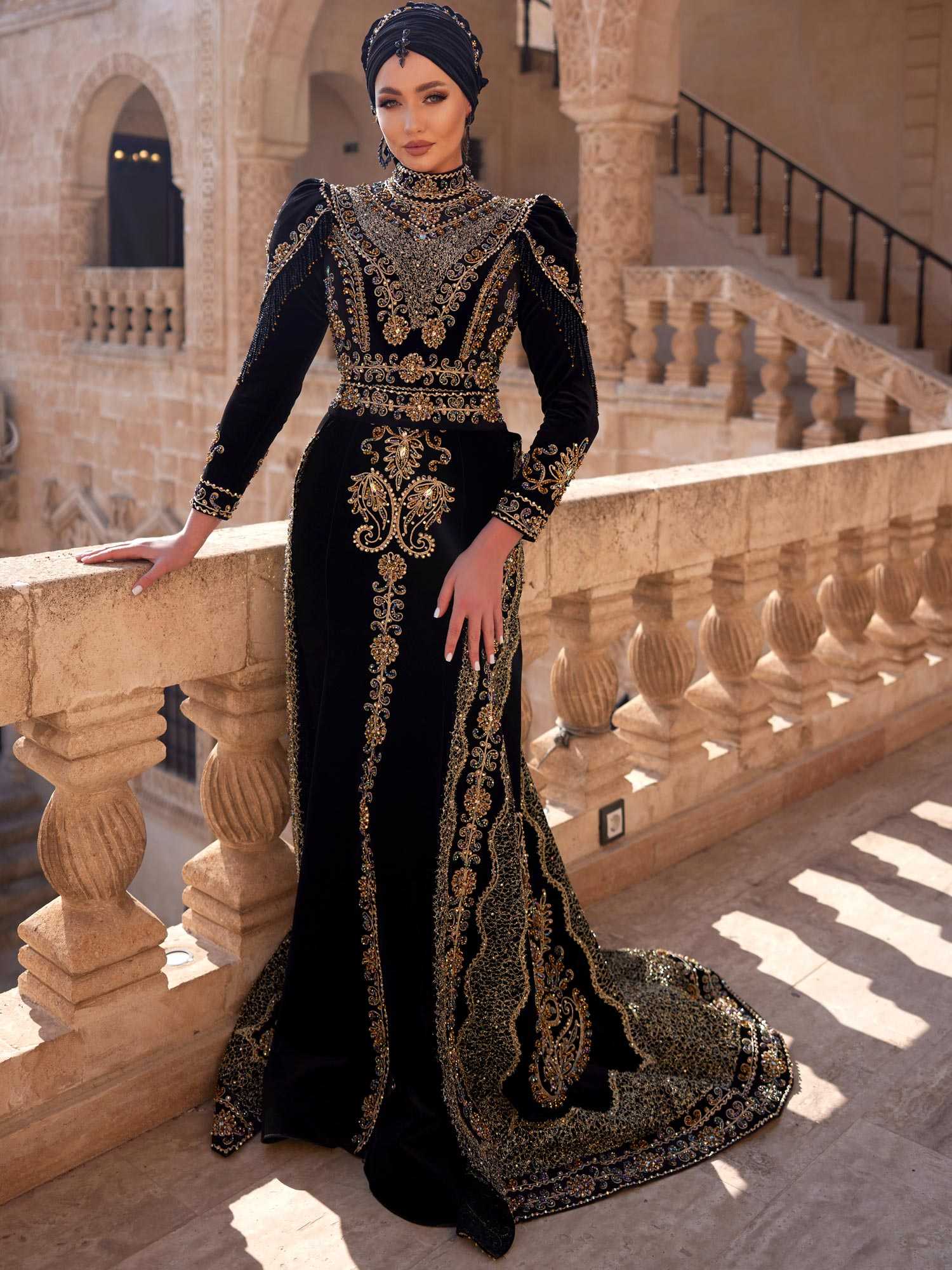 Black Islamic Muslim Sequin Long Mermaid Fancy Wedding Dress - 36 Black Islamic Muslim Sequin Long Mermaid Fancy Wedding Dress - 36