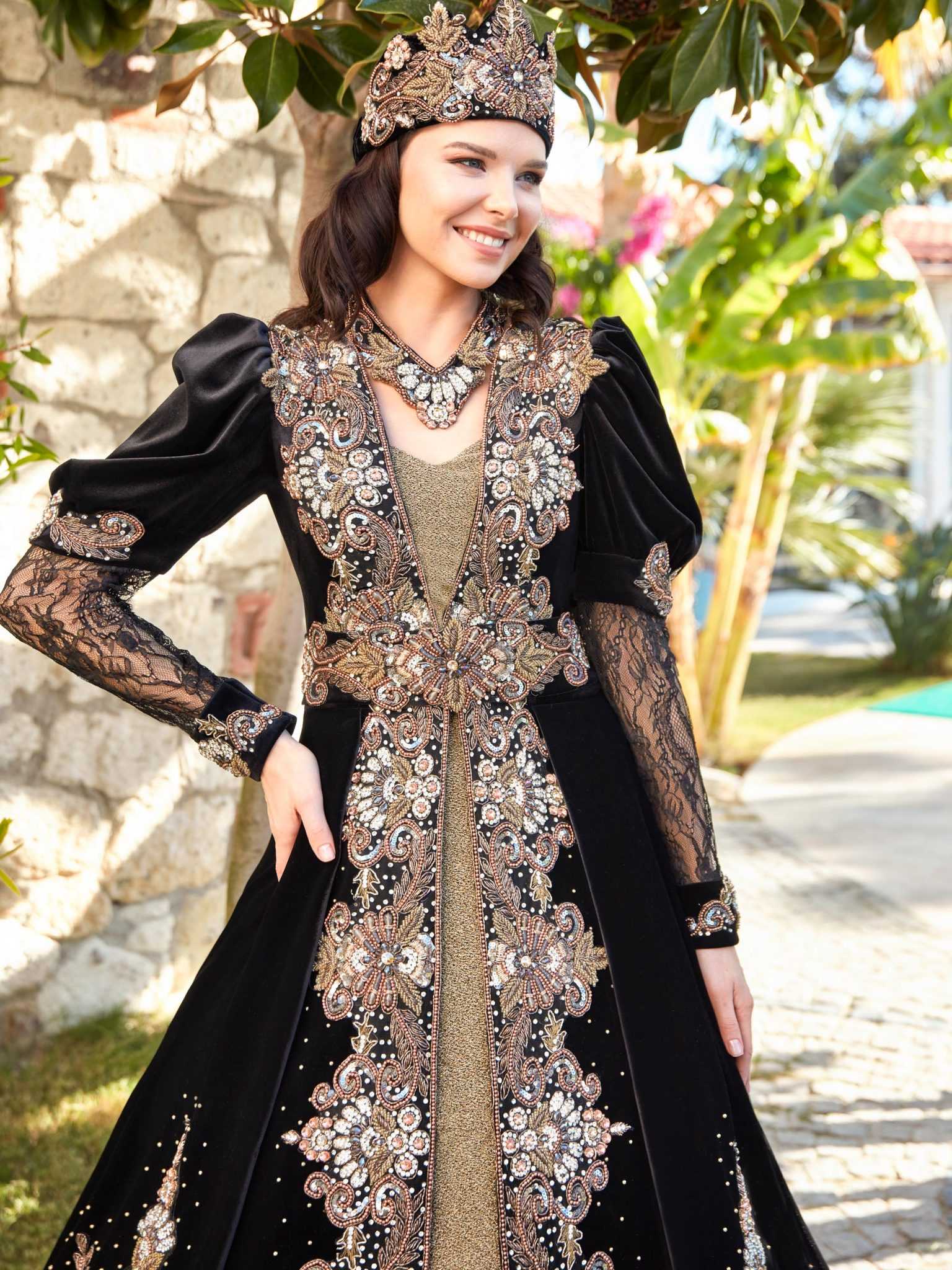 buy Black Long Juliet Sleeves Maxi Gold Lace Embellished With Sequin Work Henna Gown Dress