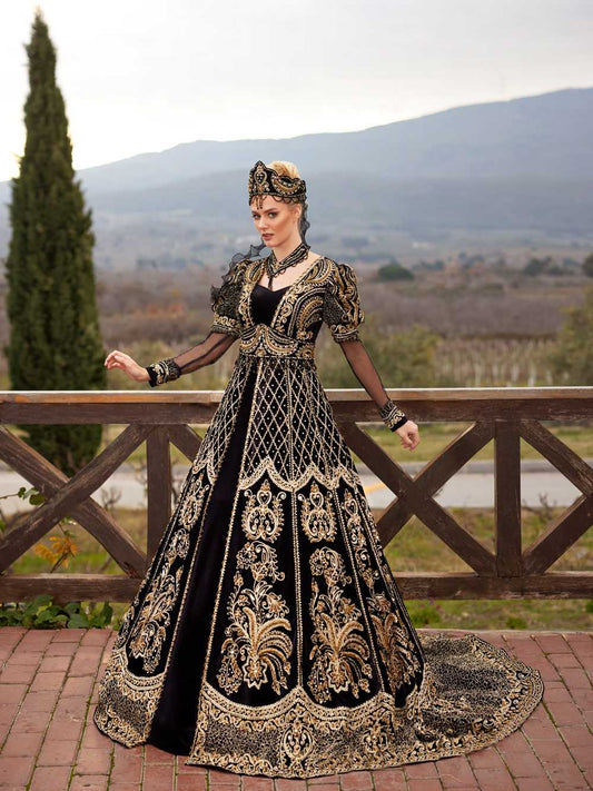 buy cheap Black Velvet Floor Length Traditional Gold Design Embellished Long Tulle Sleeve Bridal Henna Kaftan Dress online turkish henna store