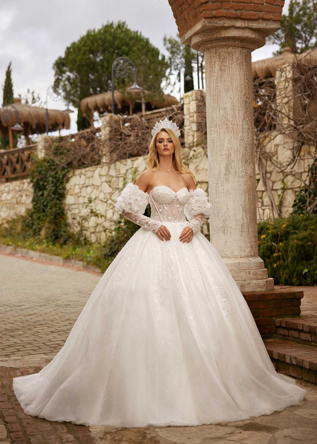 buy cheap inexpensive Off Shoulder Puff long Sleeve Lace A Line corset bodice Wedding Dress online wedding gowns