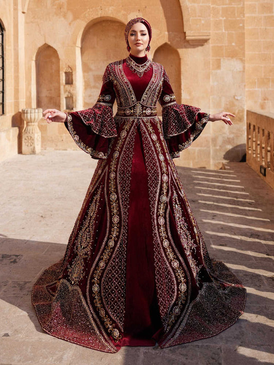 buy Burgundy Embroidered Sequin Long Sleeve Henna Hijab Gown Dress plus sizes online henna turkish kaftans