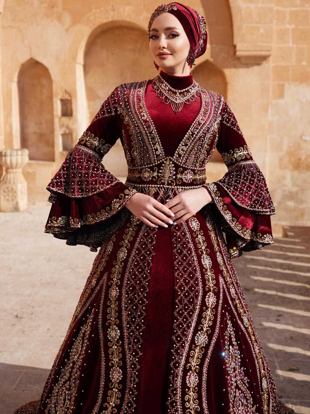 buy dark red long a line gold sequin applique court train henna gown party dress for muslim women online hijab henna dresses
