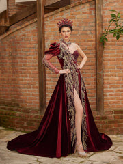 buy cheap Burgundy One Shoulder Off Gold Lace Apllique Beaded Embellished Engagement party Formal Evening Dress online party dresses