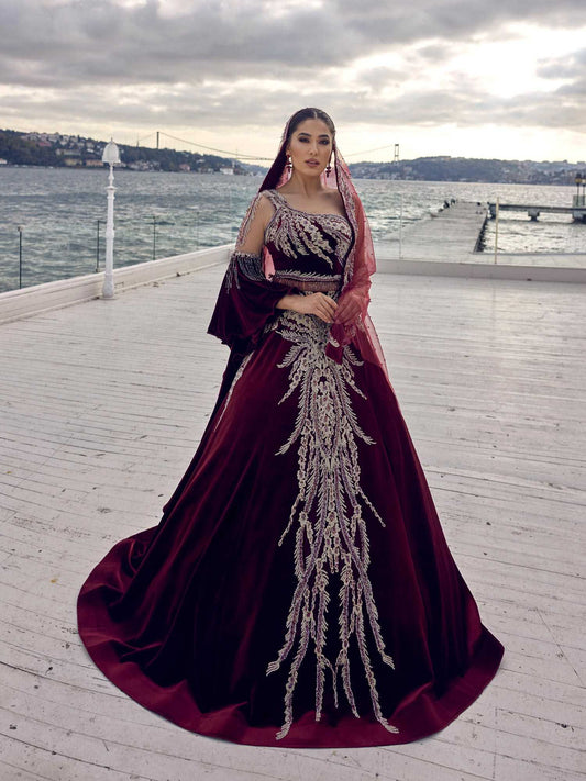 buy Burgundy Velvet Designer Beaded Bridal Lehenga Henna Dress online store