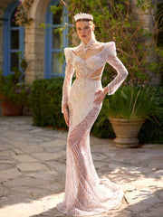 603_White Fitted Full Sequinned Long Sleeve Party Dress (5)