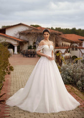 buy Chic Boho Lace Beaded Off The Shoulder Beach Wedding Dress With Chapel Train bridal gown boutique