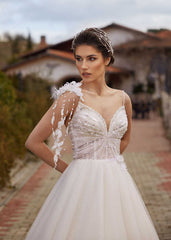 buy Classic Yet Elegant Spaghetti Sleeve Tulle A Line Boho Chic Summer Wedding Dress petite brides online bridal stores