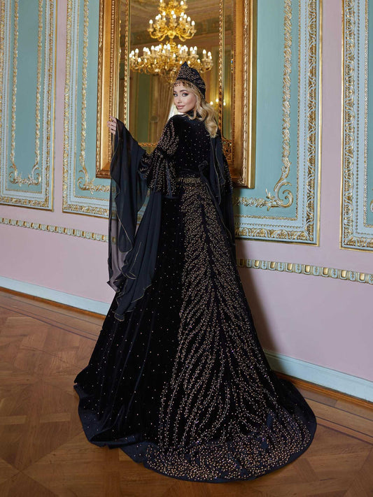 Dark Blue Velvet Embellished With Rhinestones Long Tail Chic Party Gown Dress online for ladies inci-(7)