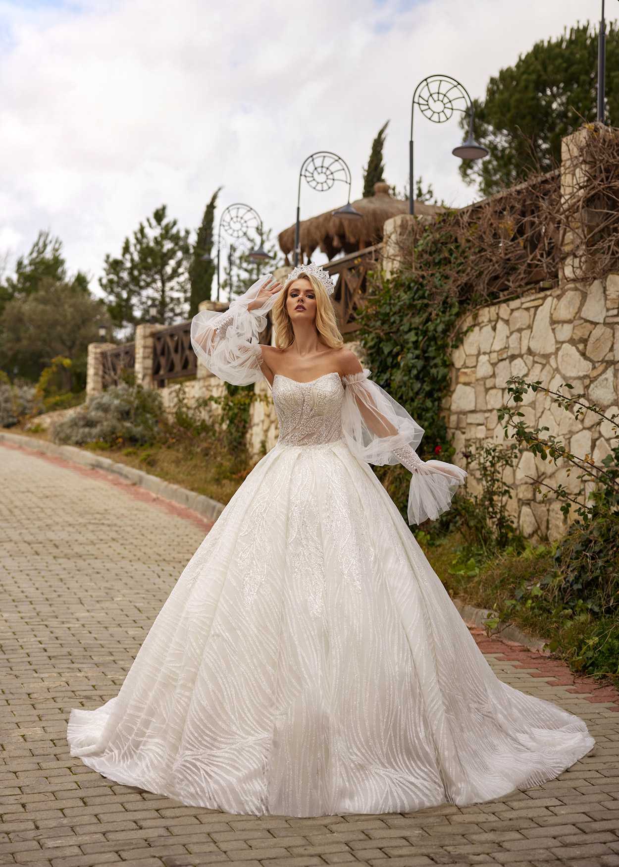 buy long train wedding dress with long romantic sleeves
