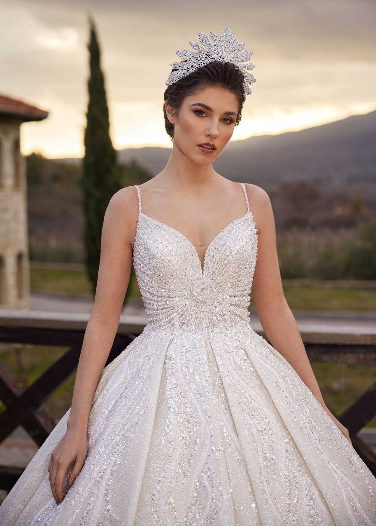 Modest Classic Sequined Princess Wedding Gown With Cathedral Train