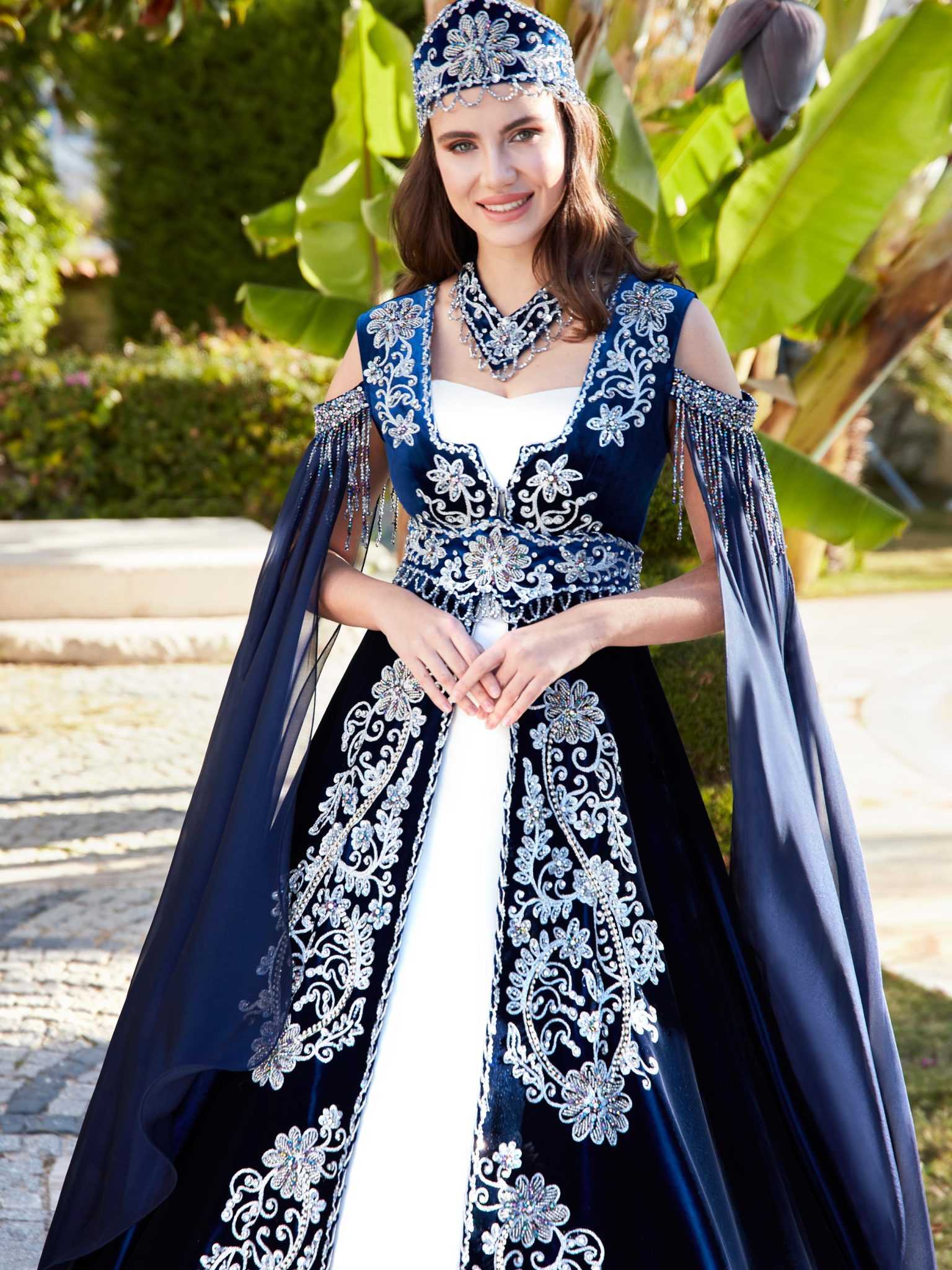 buy front open navy blue velvet long cape sleeves floral lace applique embroidered turkish henna gown dress