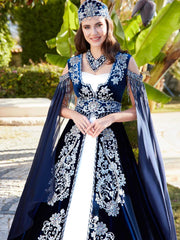 buy front open navy blue velvet long cape sleeves floral lace applique embroidered turkish henna gown dress