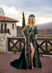 Buy chic semi cathedral train floral gold apllique long sheer sleeve party dress for wedding henna party online hanne dress shop