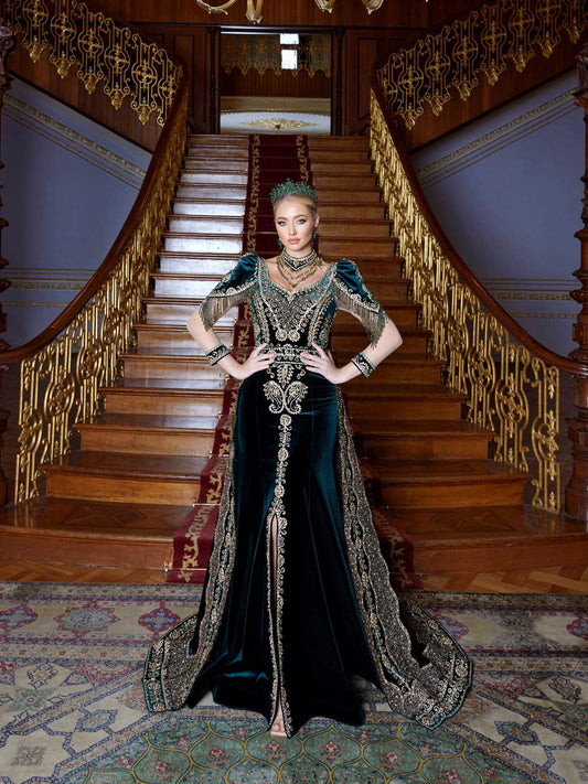 buy affordable Emerald Green Sweetheart Long Tail Hand Embroidered Kaftan Dress online kaftans