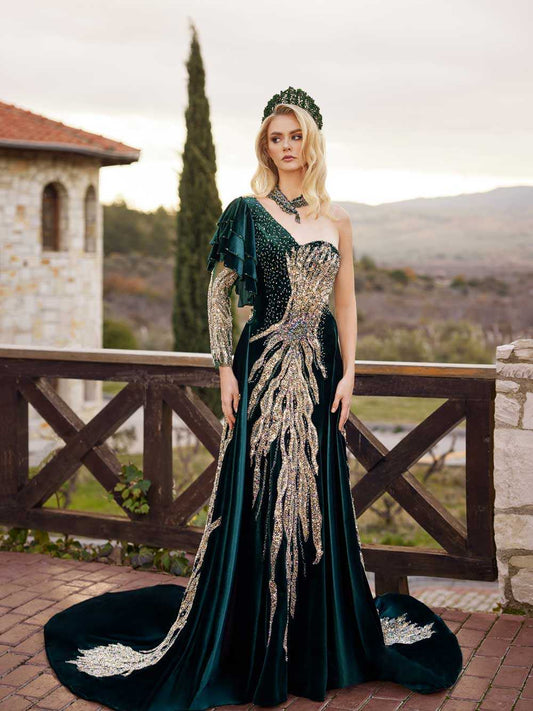 Buy emerald green cathedral train gold tamgled embroidered applique lace bridal henna gown for women online henna store