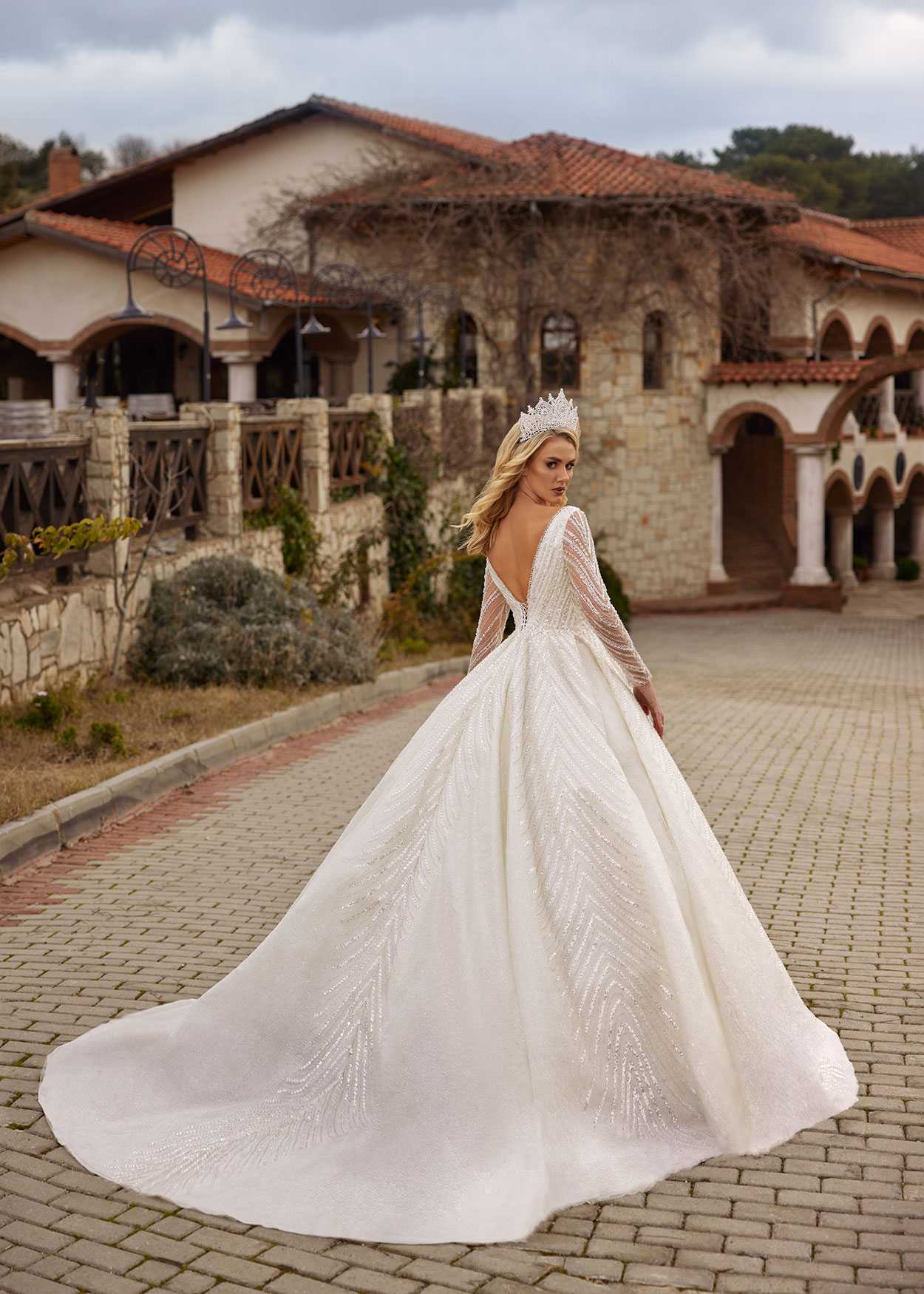 cathedral train glitter tulle lace long sleeve wedding gown bridal dresses online