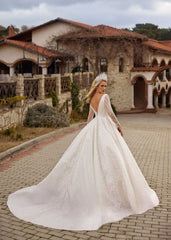 cathedral train glitter tulle lace long sleeve wedding gown bridal dresses online