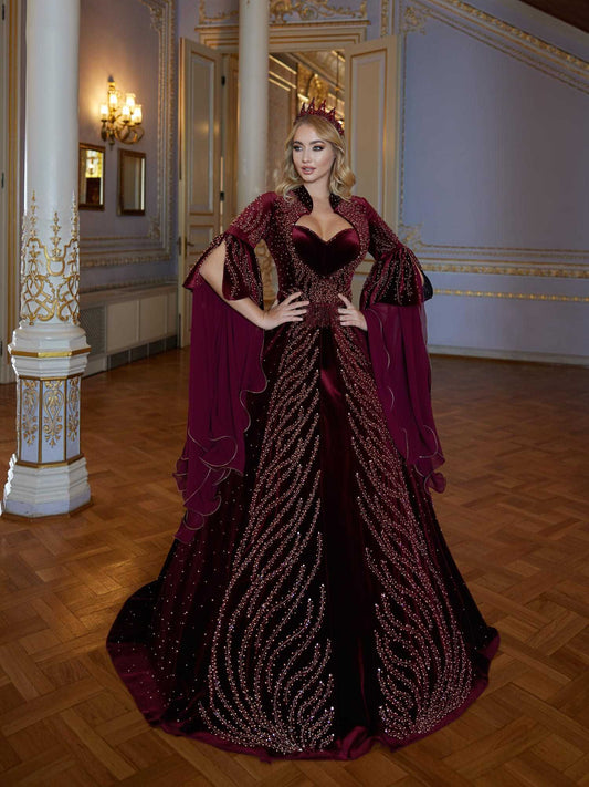 buy Full Sequin Luxury Maroon Evening Formal Wedding Kaftan Dress online henna party gowns