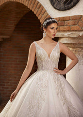 buy Simple Yet Elegant Glitter Cathedral Train Deep Neck Wedding Dress plus sizes online bridal shops