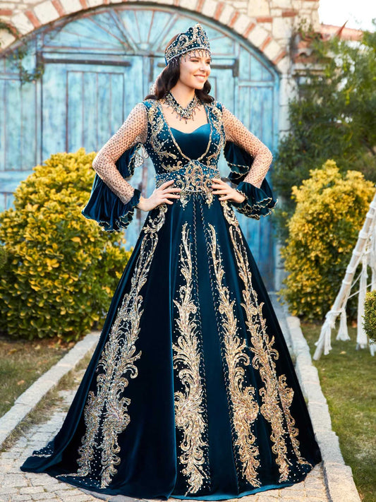 buy Gold Embroidered Long Tulle Sleeve Henna Kaftan Dress online traditional dresses store