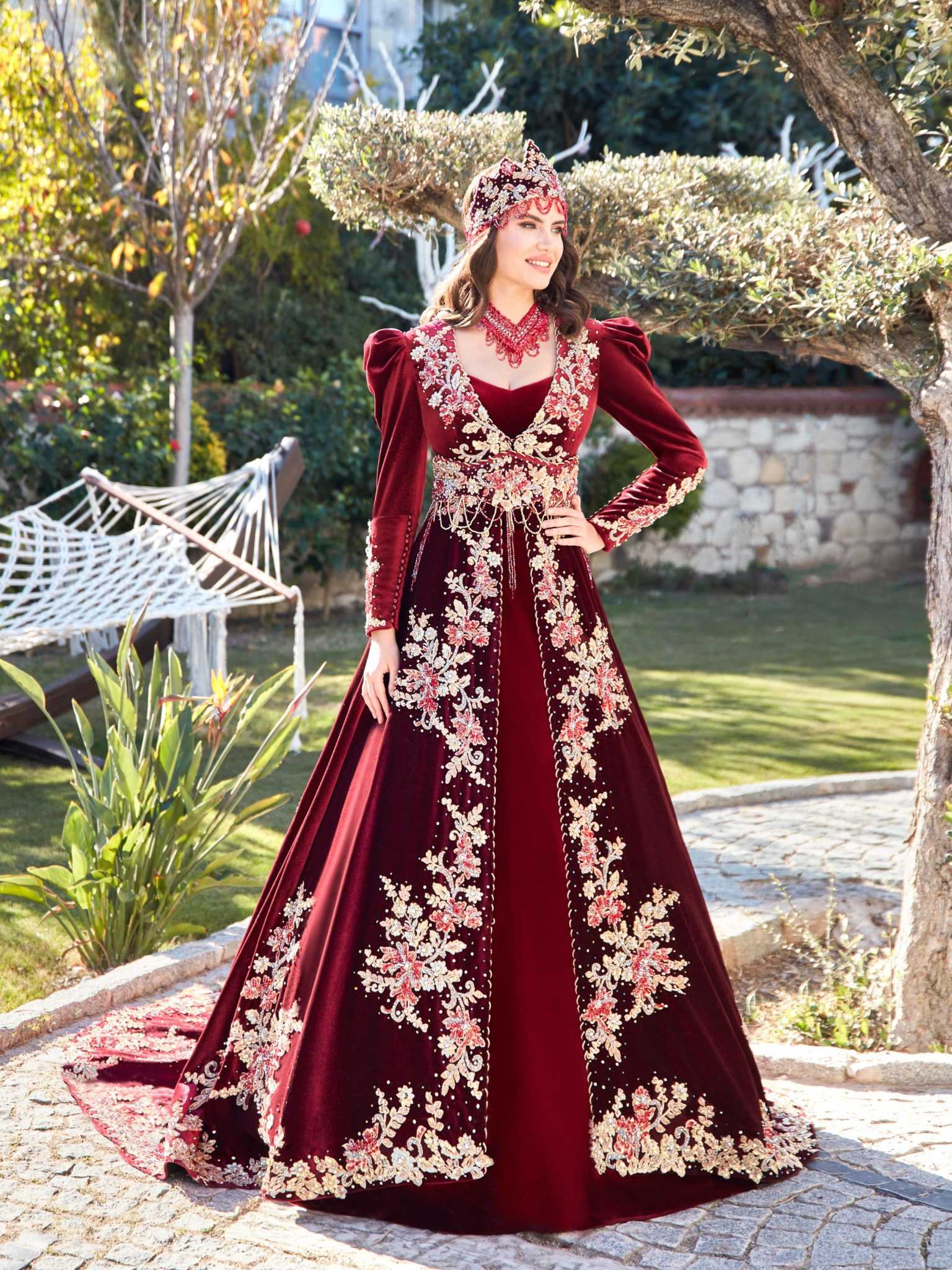 buy Gold Lace burgundy velvet floral design beadings Maxi Turkish Henna Bridal Kaftan Dresses online shopping