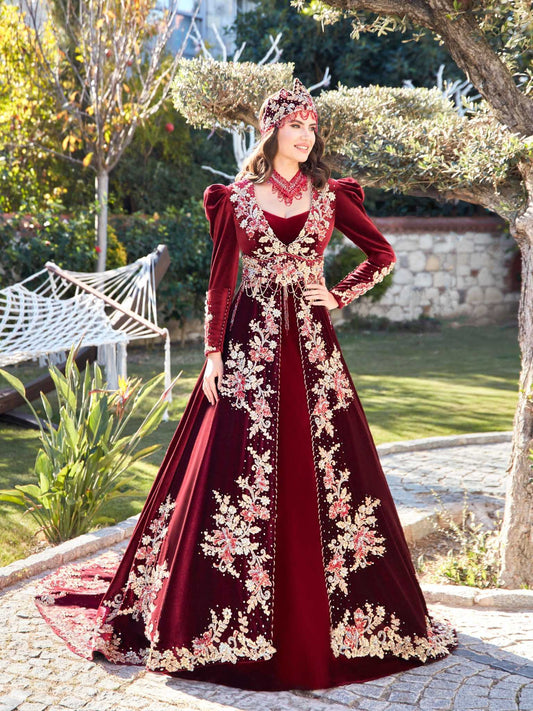 buy Gold Lace burgundy velvet floral design beadings Maxi Turkish Henna Bridal Kaftan Dresses online shopping