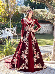 buy Gold Lace burgundy velvet floral design beadings Maxi Turkish Henna Bridal Kaftan Dresses online shopping