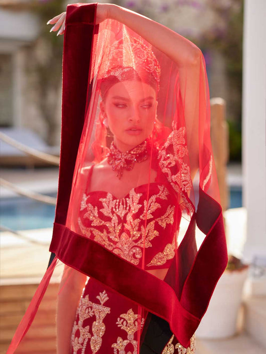 buy Red Gold Sequin Bralet Long Embellished Skirt Party Dress online mehndi dresses