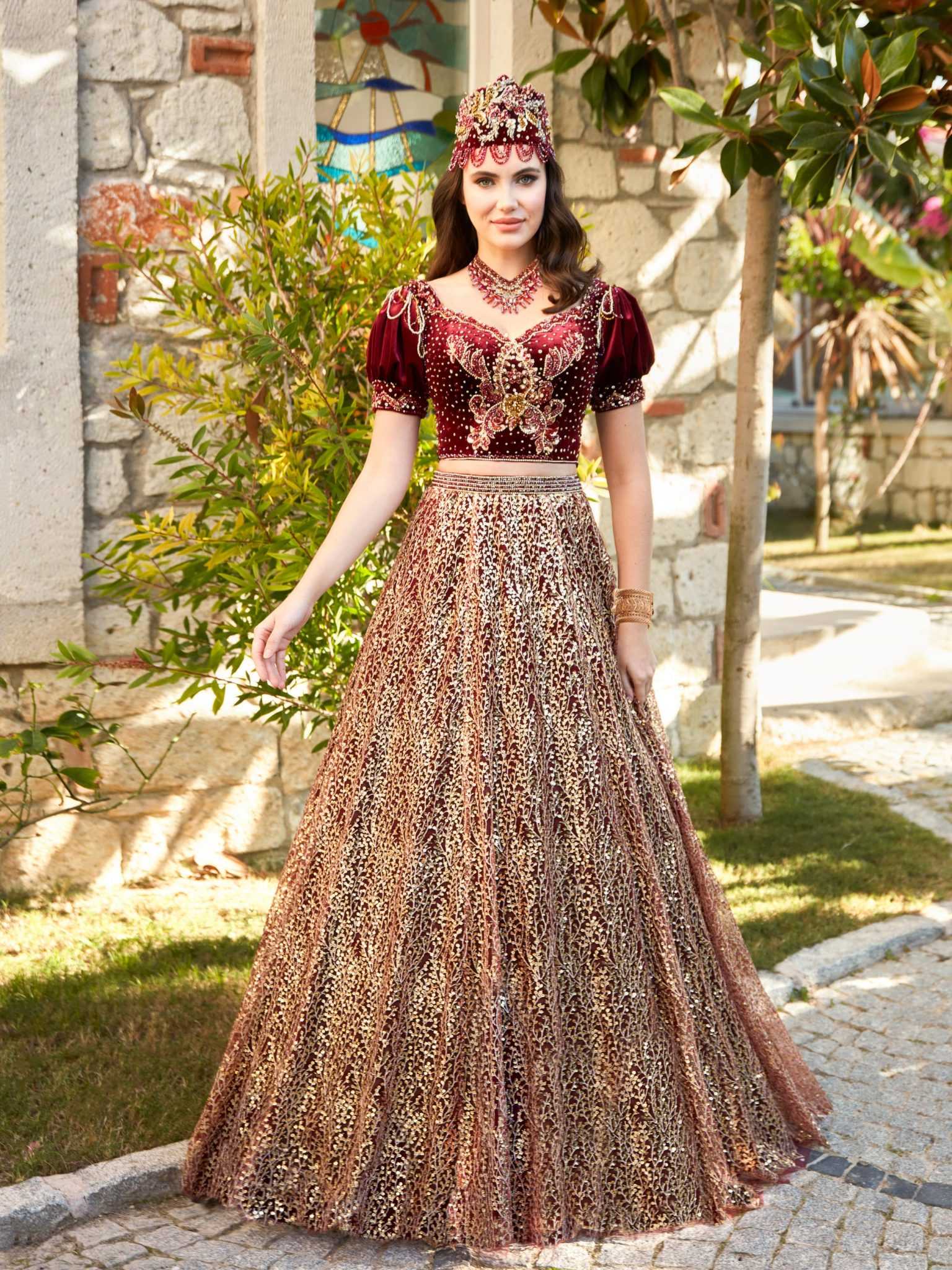 buy Puff Sleeves Mehndi Dress Red Gold Sequin Dress