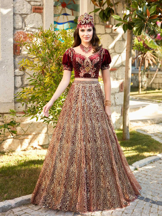 buy Puff Sleeves Mehndi Dress Red Gold Sequin Dress