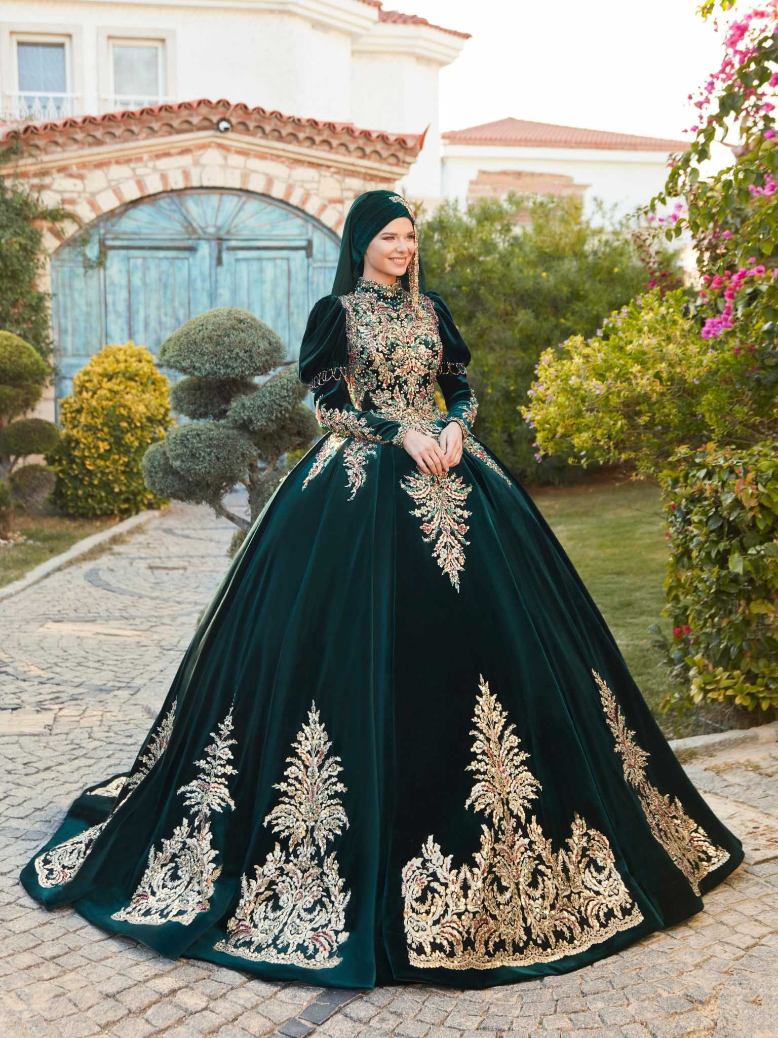 buy hijab henna gown dress with long sleeve emerald velvet, gold applique hemline, gold lace top, ball gown skirt