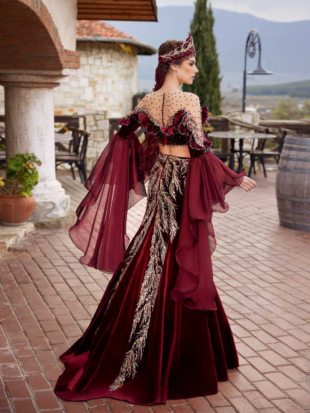 buy Maroon Illusion Neck Long Frill Sleeve Mermaid Gold Lace Wedding Party Dress