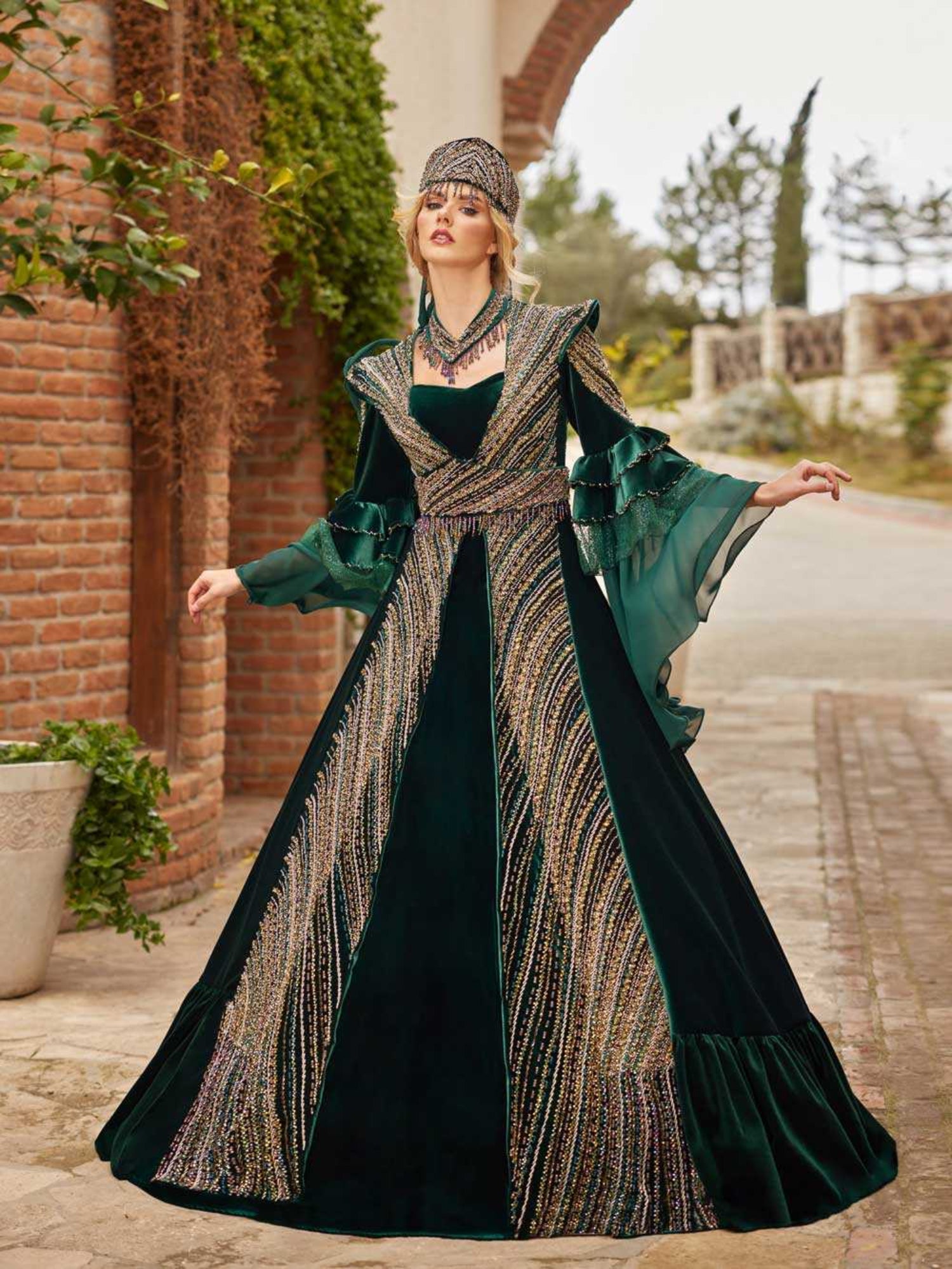 Dark Green Gold Beaded Fancy Embellished Henna Formal Evening Gown 44