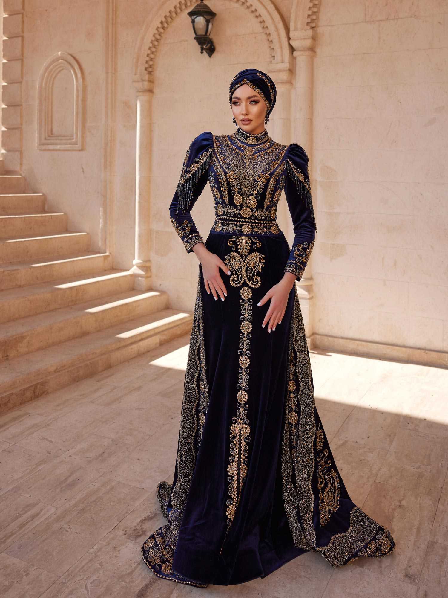 Luxury Navy Blue Mermaid Embroidered Long Tail Muslim Party Dress Sultan Dress Luxury Navy Blue Mermaid Embroidered Long Tail Muslim Party Dress Sultan Dress