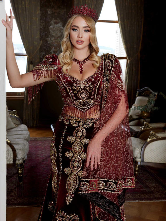 buy Maroon Color Heavy Embroidered Bridal Mermaid Style Fashionable Long Tail Lehenga Choli Party Dress online for women helin-(6)