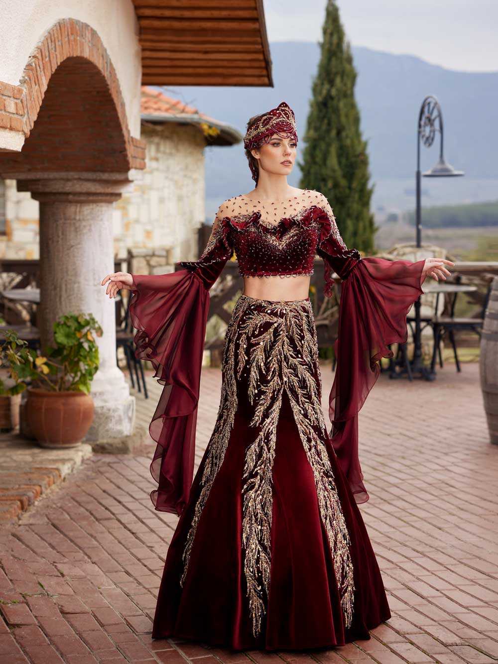 buy Maroon Illusion Neckline Long Frill Sleeve Mermaid Style Gold Lace Beaded Embellished Wedding Evening Party Henna Dress