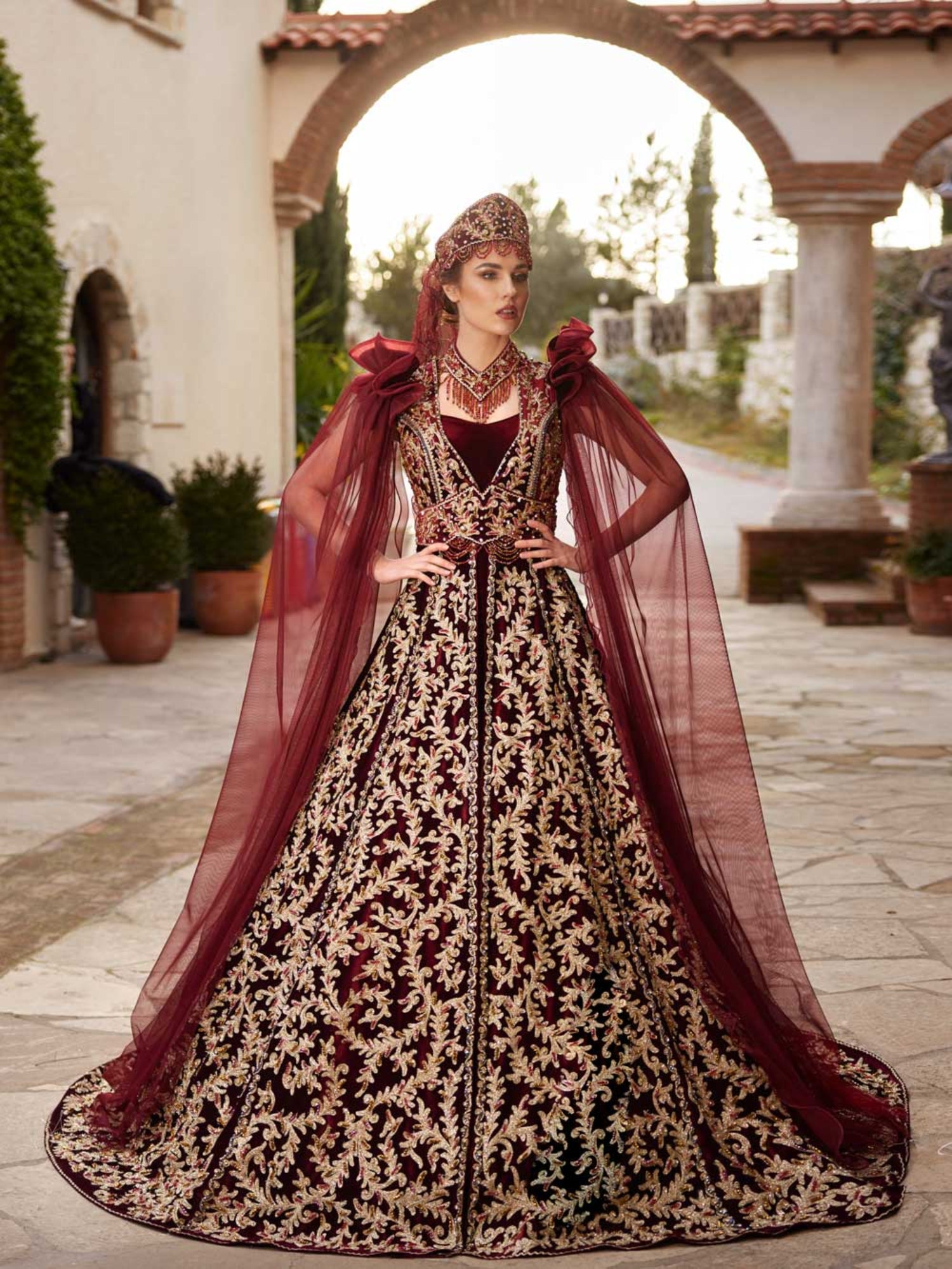Maroon Velvet Fully Sequined Gold Lace Sweetheart Turkish Henna Kaftan Gown 42