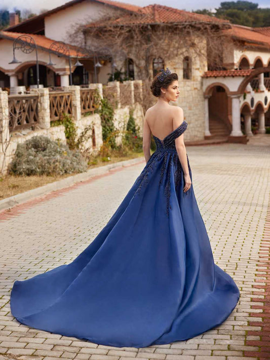buy Navy Blue Sweetheart Neckline Sequin Long Mermaid Evening Prom Wedding Party Dress with detachable train online party dresses store