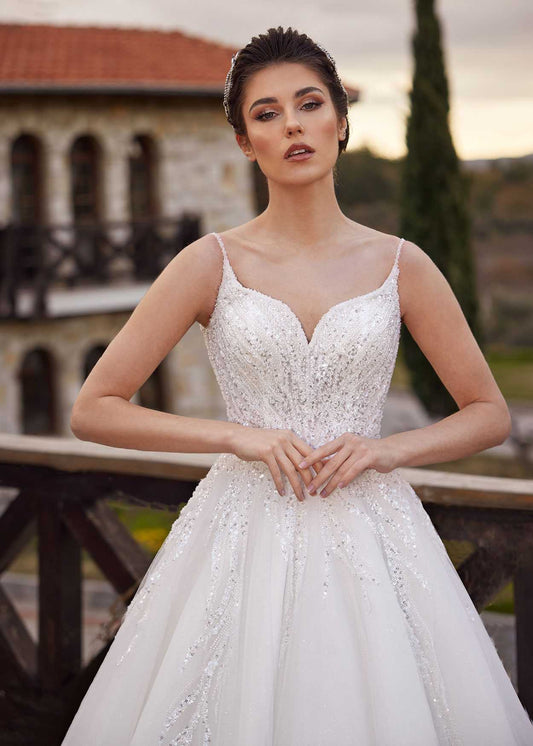 buy cheap Minimalist Spaghetti Sleeve Simple Lace Chapel Train Summer Bridal Dress online bridal store