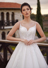 buy cheap Minimalist Spaghetti Sleeve Simple Lace Chapel Train Summer Bridal Dress online bridal store