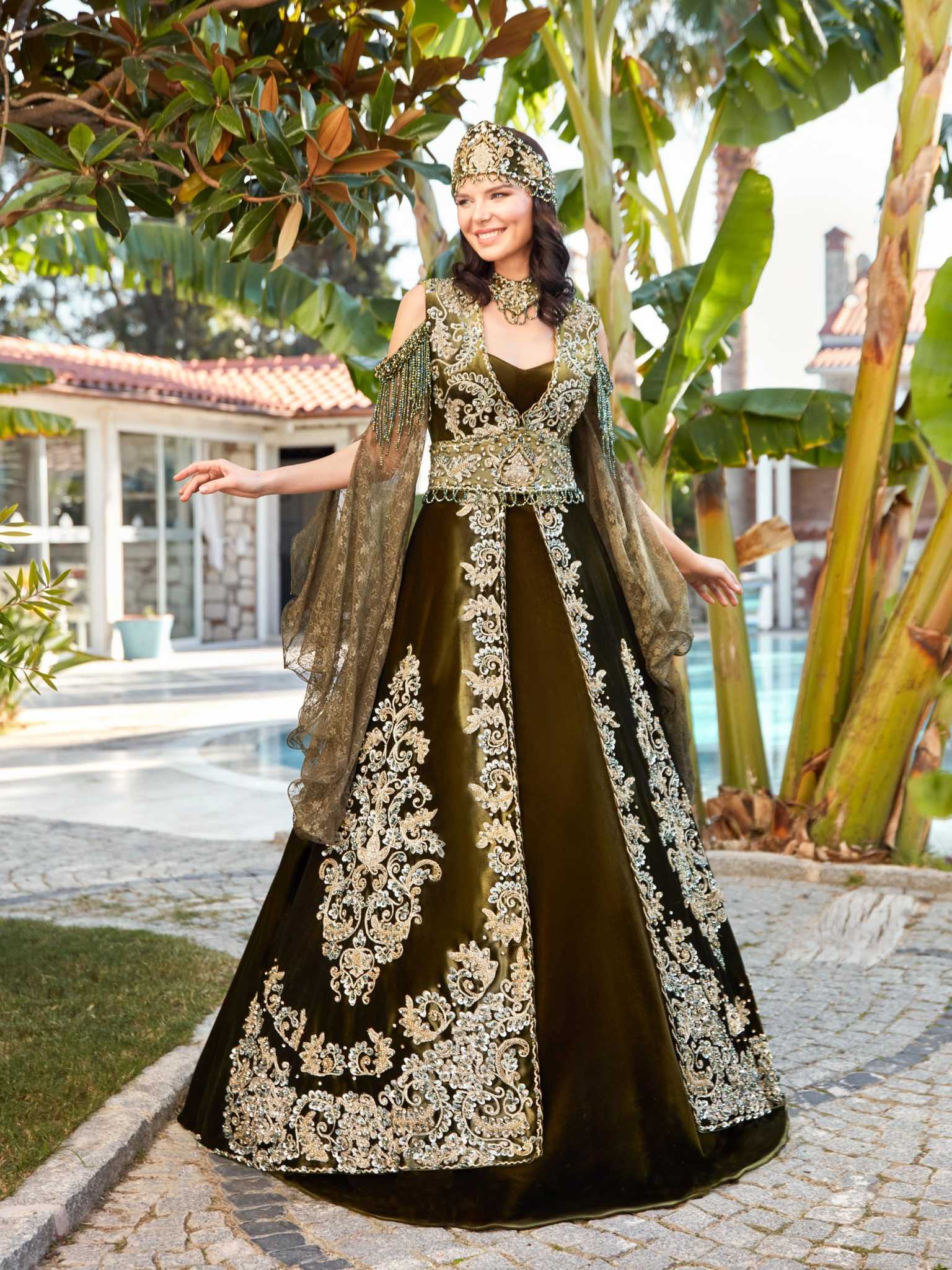 buy a line long facy sleeves Wedding Kaftan Dress Maxi moss Green Velvet