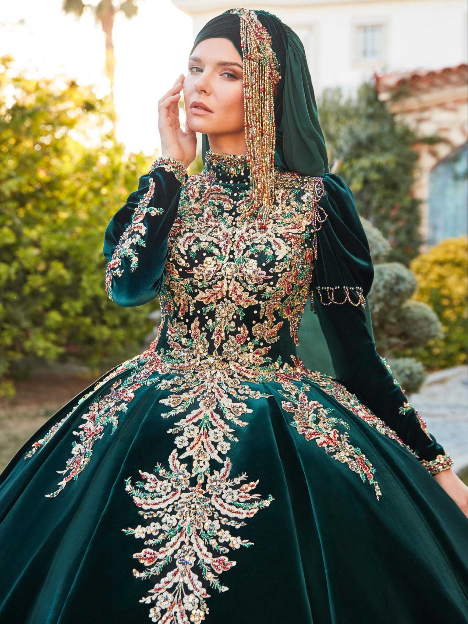 Muslim Emerald Green Juliet Sleeve Bridal Henna Ball Gown