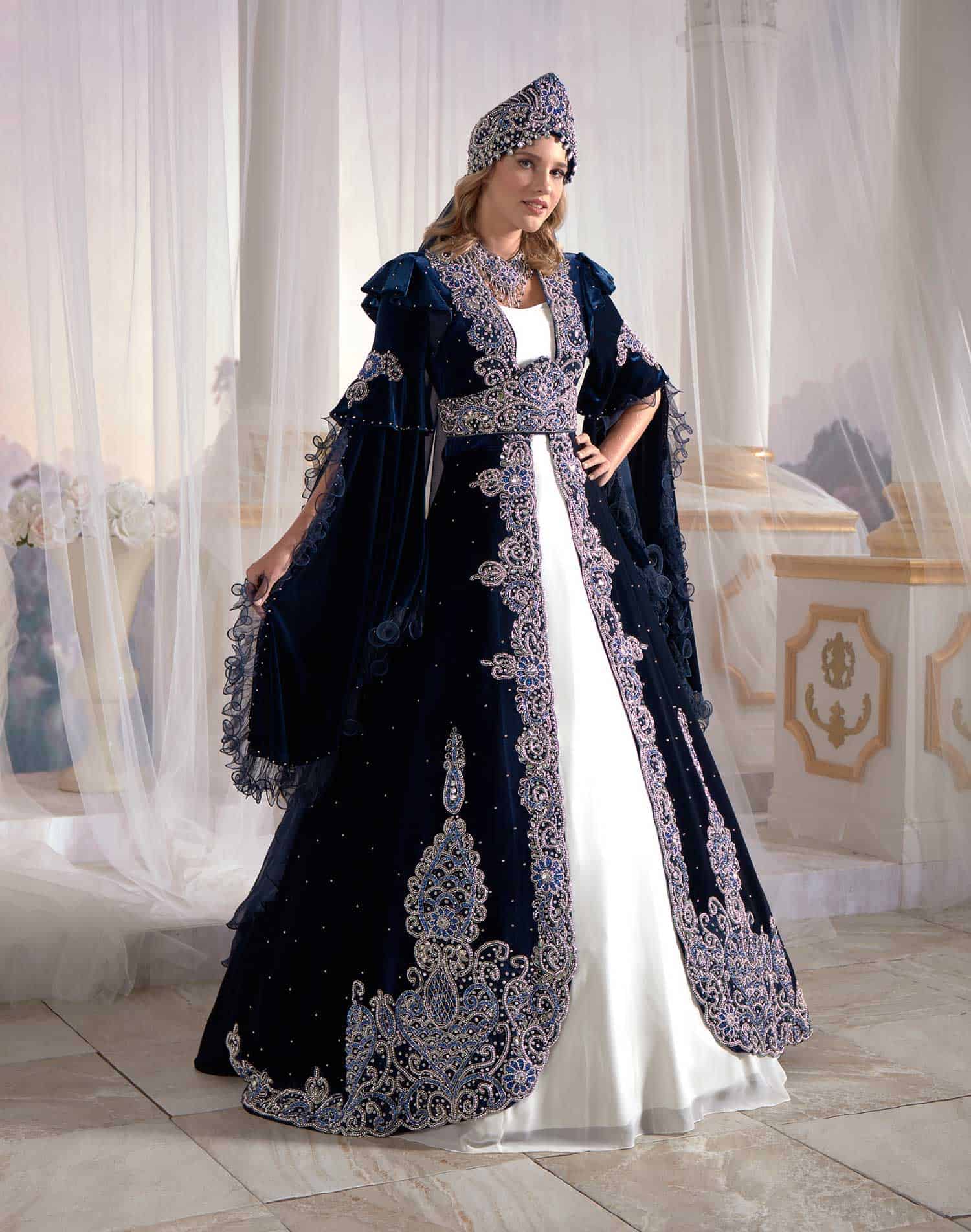Dark Navy Blue And White Exclusive Embellished Top Detail Turkish Caft Sultan Dress Dark Navy Blue And White Exclusive Embellished Top Detail Turkish Caft Sultan Dress