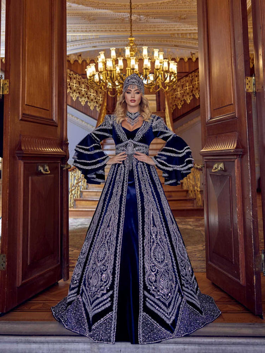 buy Navy Blue Puffy Sequin Evening Henna Ball Gown Kaftan Dress online henna store