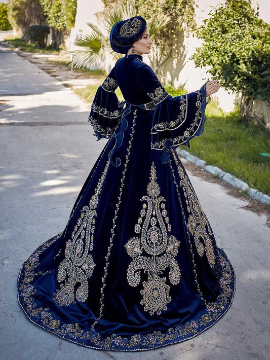 Navy Blue Long Elegant Muslim Wedding Kaftan ladies elegant long evening gowns for wedding (4)