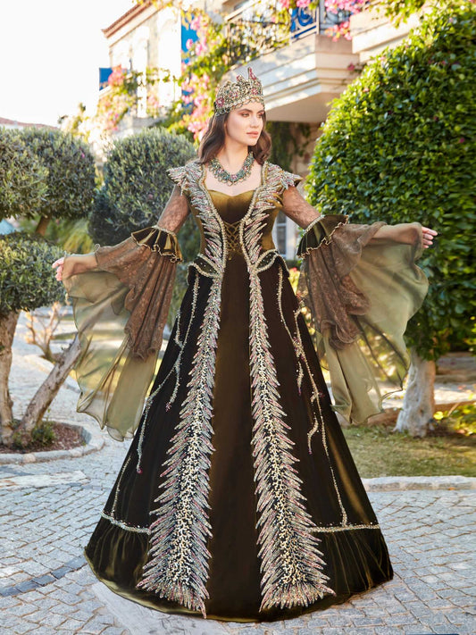 buy Olive Green velvet Long Tulle Sleeves a line Modern Henna Kaftan online henna party gowns boutique