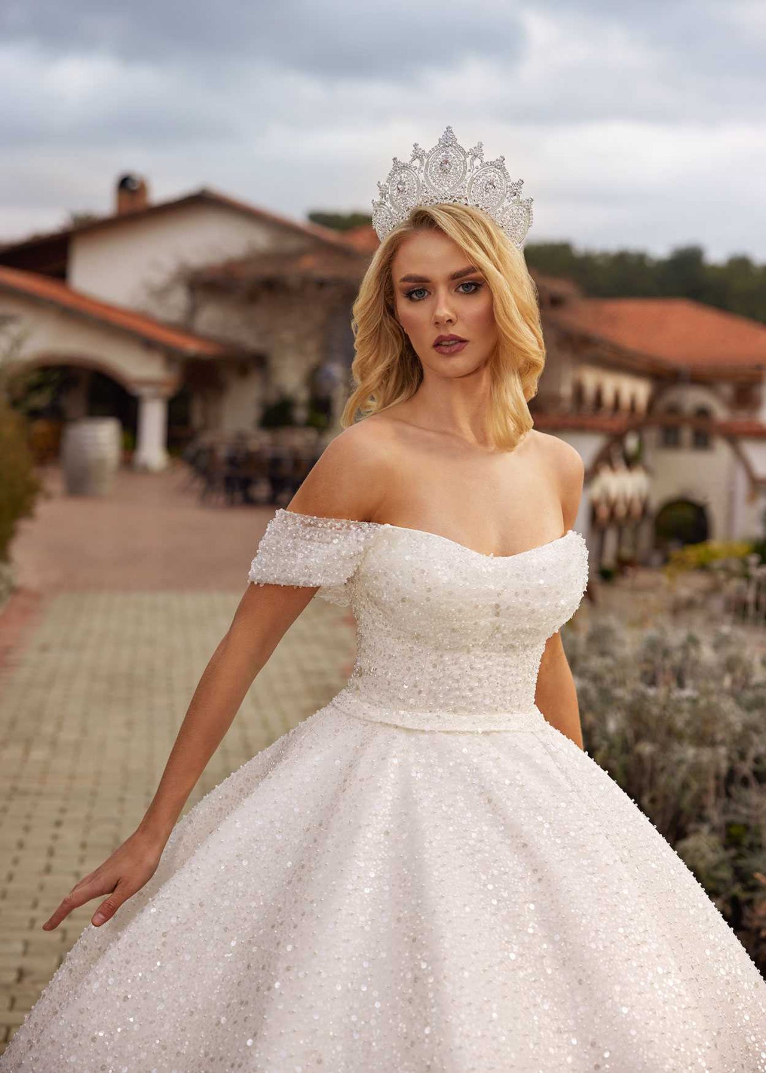 Off-The-Shoulder Pearl Sequin Sparkle Ball Gown Wedding Dress
