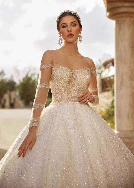buy Classy Off The Shoulder Shimmering A line Princess Wedding Gown With Long Sleeves